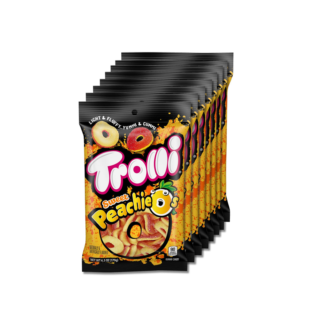 Trolli Peachie O's Rings gummy candy with peach flavor and tangy coating for a fruity snack.