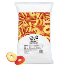 Trolli Peachie O's Sour Gummy Rings close-up showing tangy sugar coating for snacking.