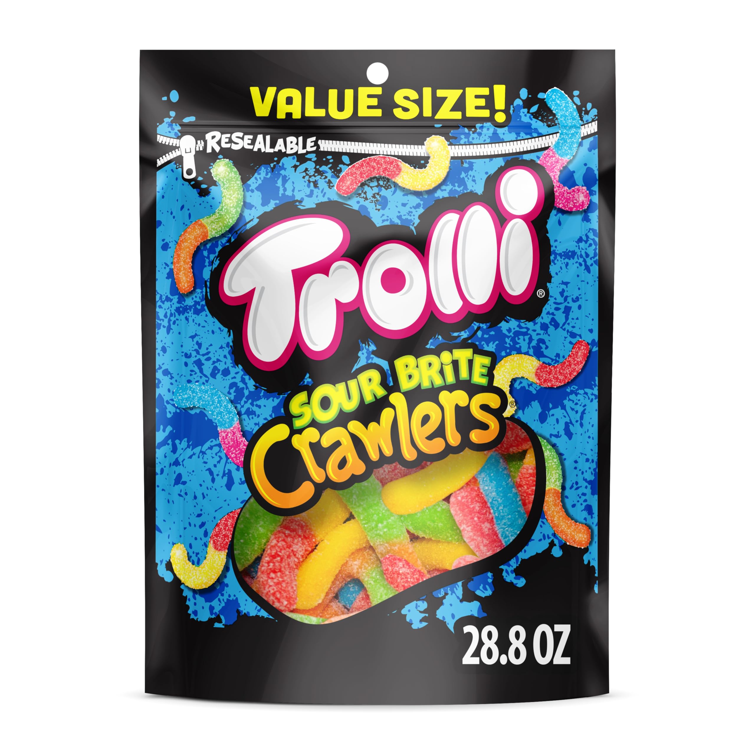 Trolli Sour Brite Crawlers bag front with bold flavors and bright colors for gatherings.