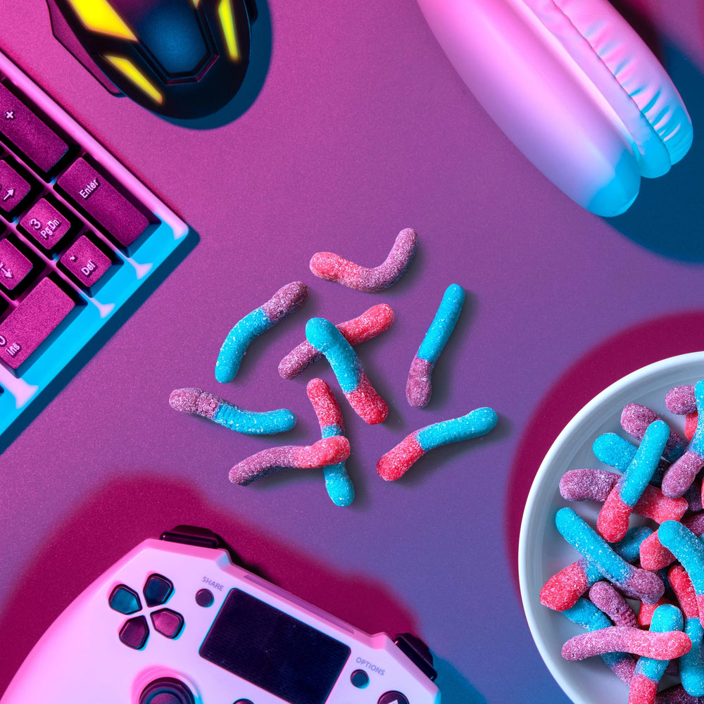 Trolli Sour Brite Crawlers berry flavors showcased in collection.