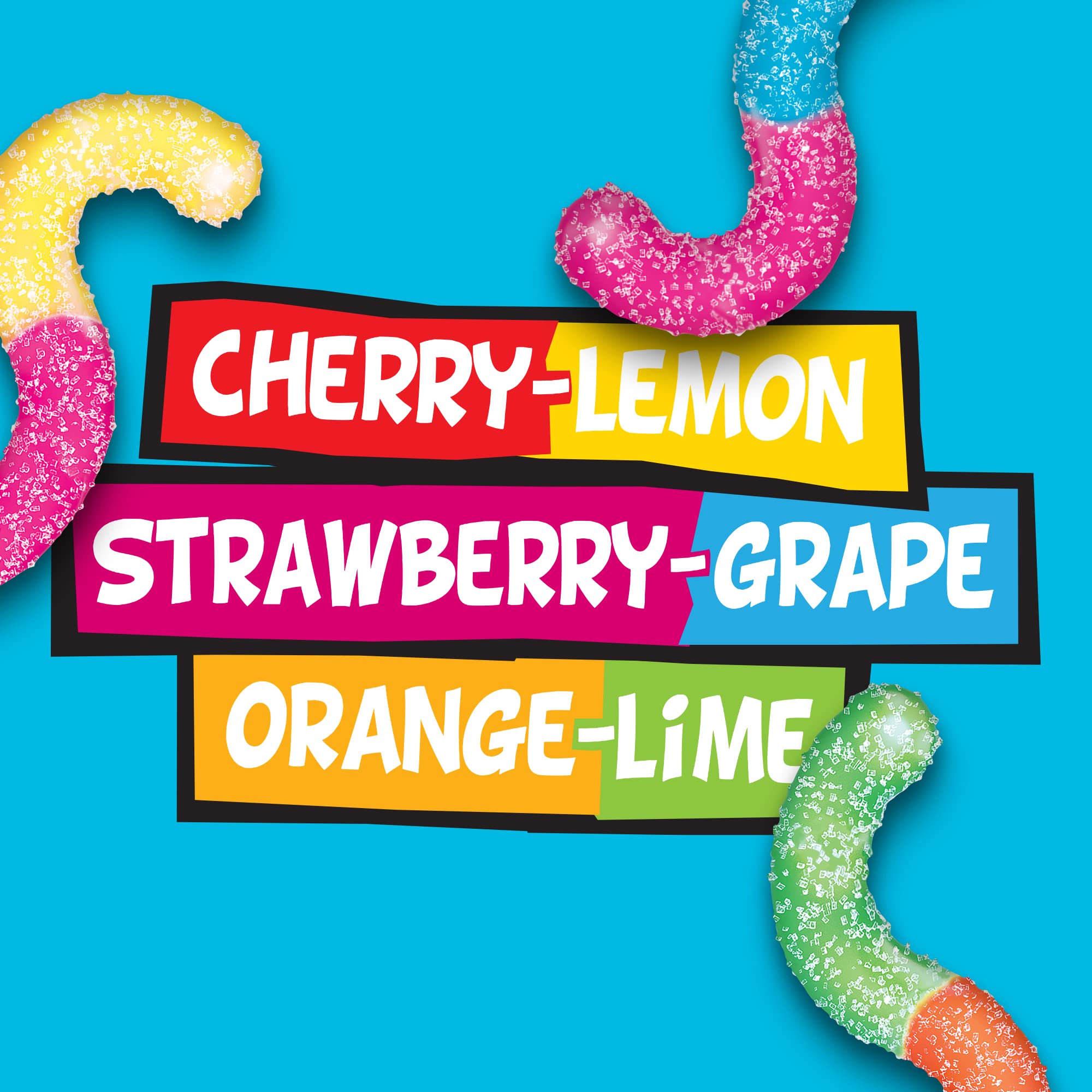 Colorful Trolli bag beside party snacks.