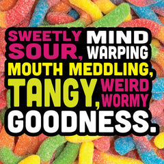 Strawberry-Grape worms arranged in a colorful candy dish.