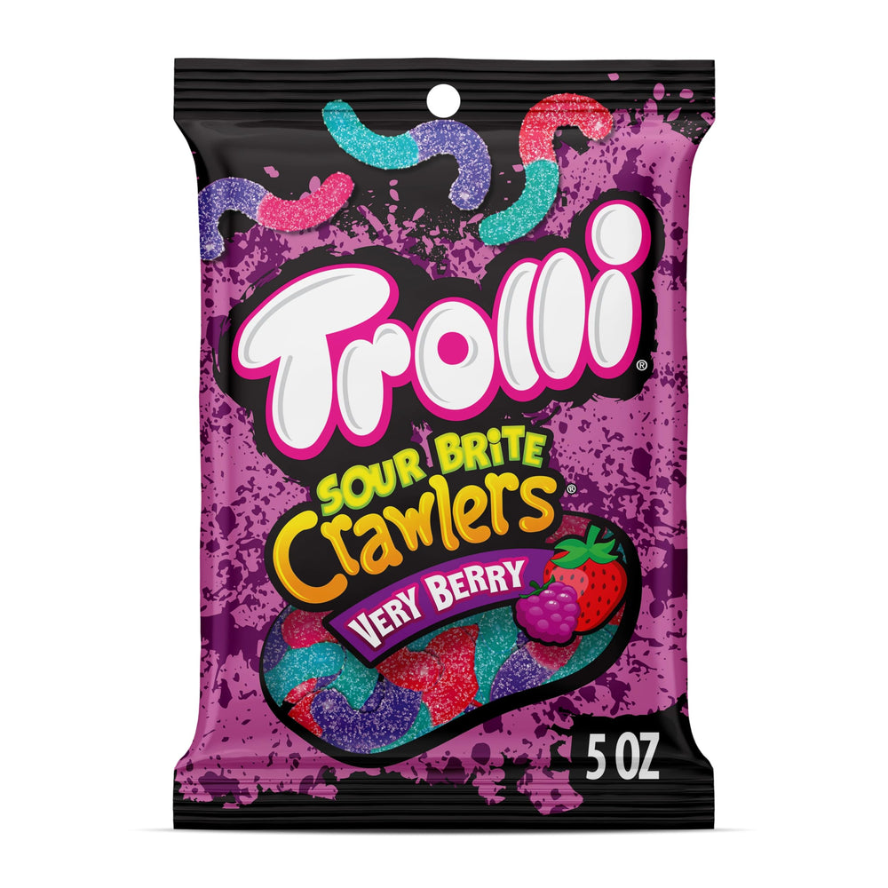 Trolli Sour Brite Crawlers Very Berry bag, vivid colors for snacking.