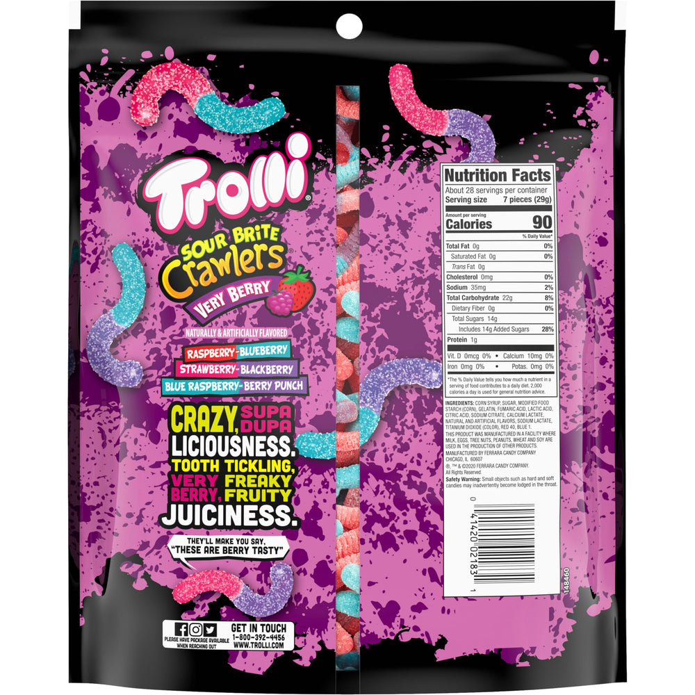 Trolli ingredient panel notes gummy texture and flavors.