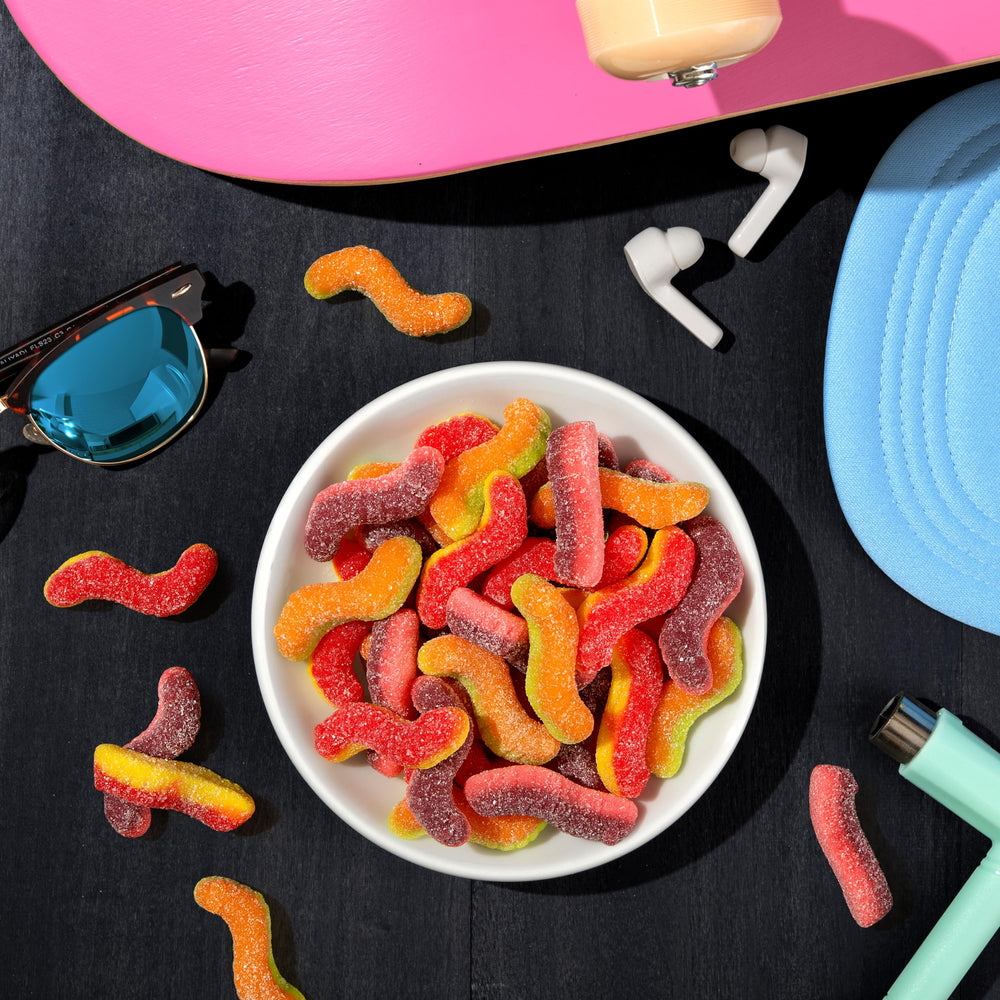 Trolli Sour Brite Duo Crawlers texture close-up shows dual gummy textures