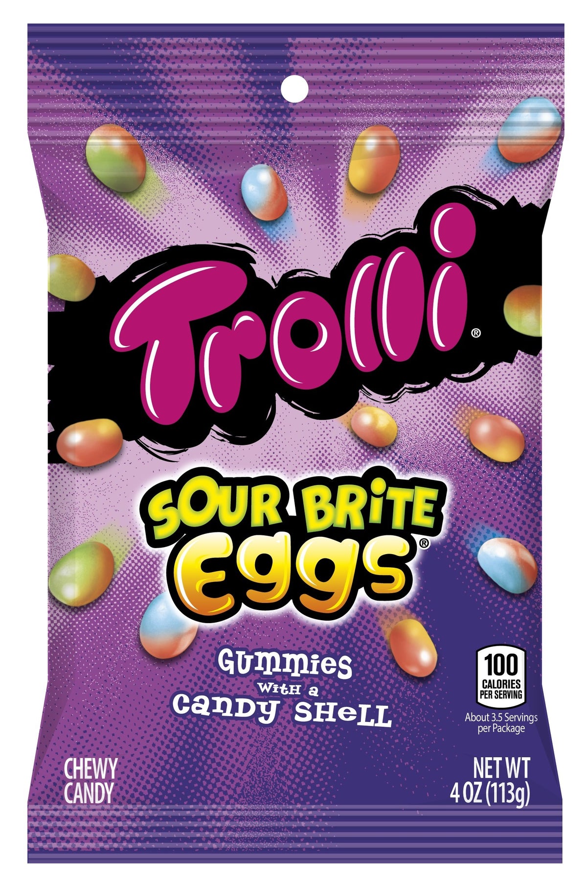 Trolli Sour Brite Eggs bag showing vibrant gummies ready for snacking.
