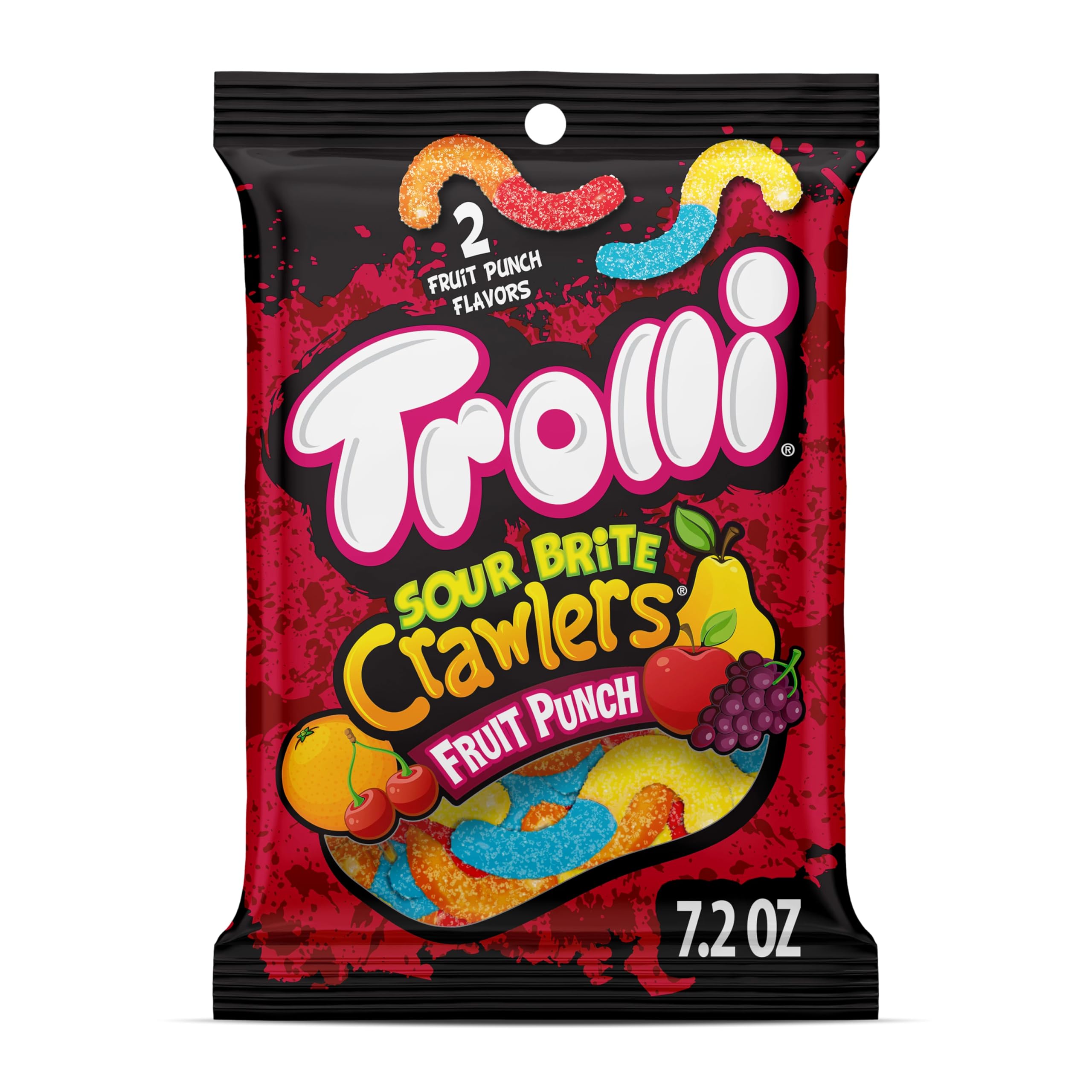Trolli Sour Brite Crawlers bag shows bold fruit punch flavors for a tangy snack.