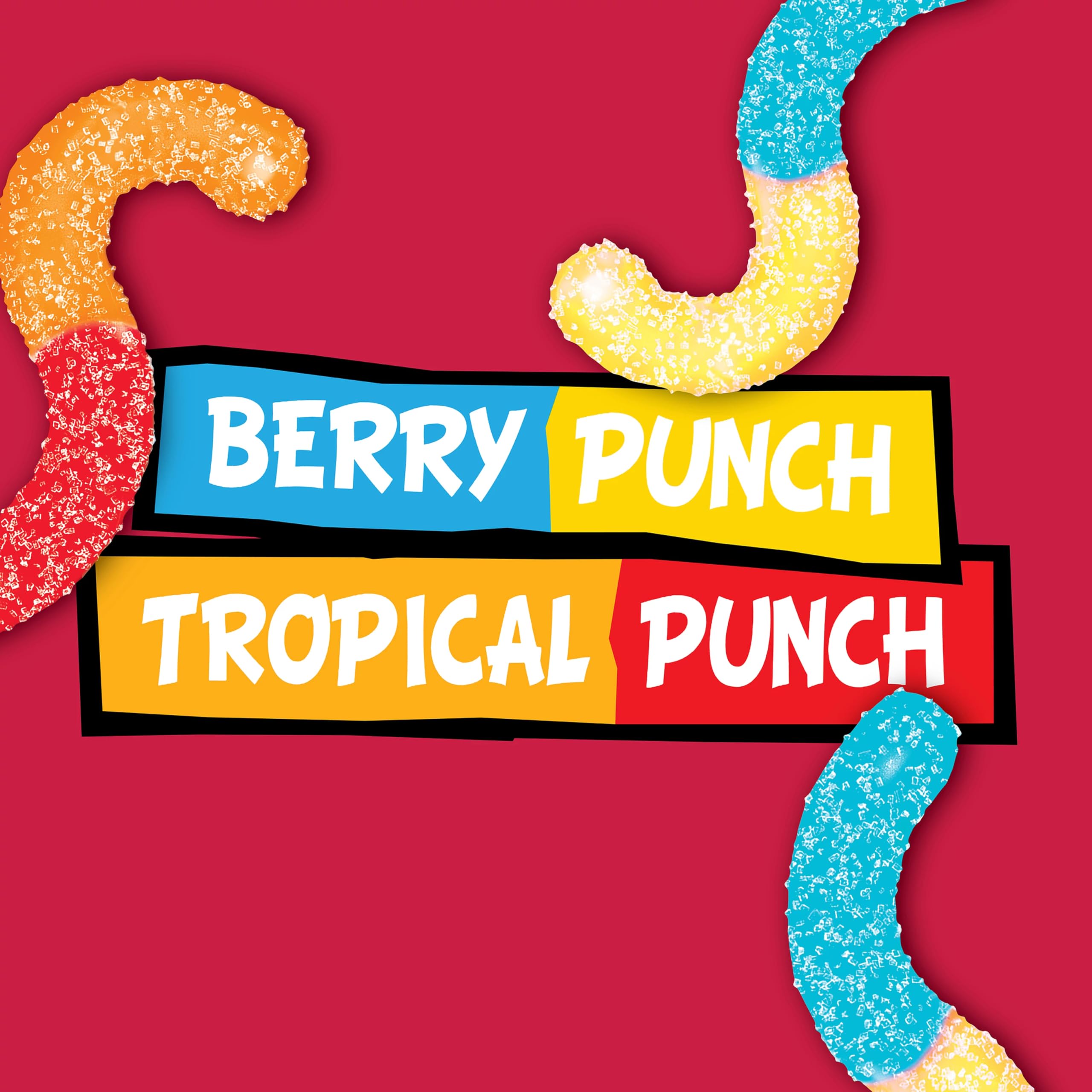 Close up of berry and tropical flavors in Trolli Sour Brite Crawlers.
