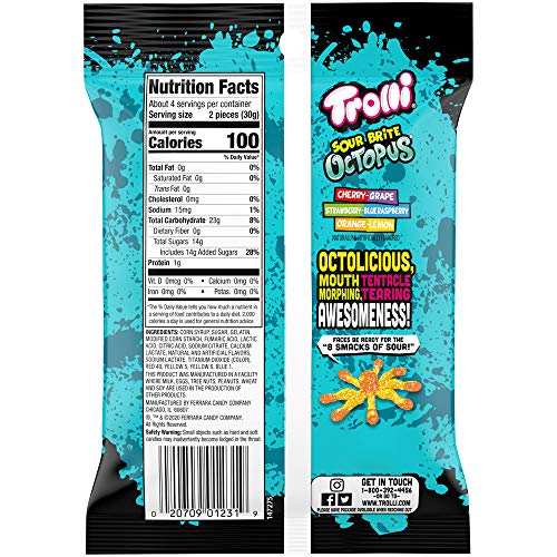 Close-up of TROLLI Sour Brite Octopus gummies with bright colors for snacking.