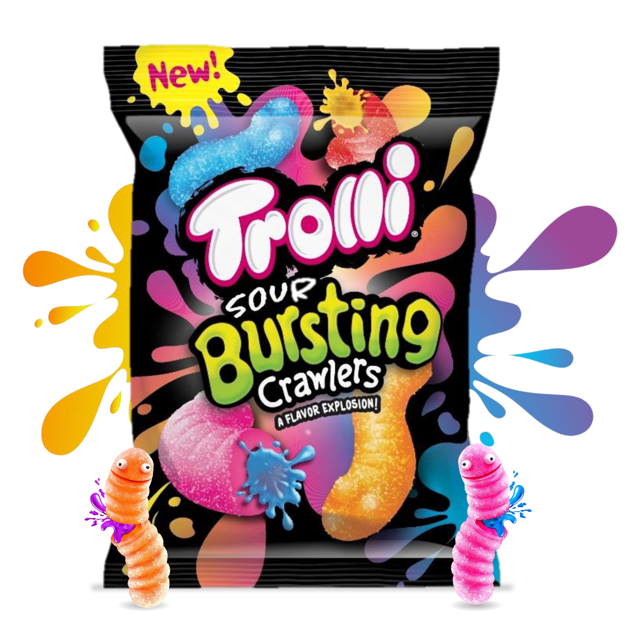 Trolli Sour Bursting Crawlers bag front with colorful worms, ideal for party sharing.