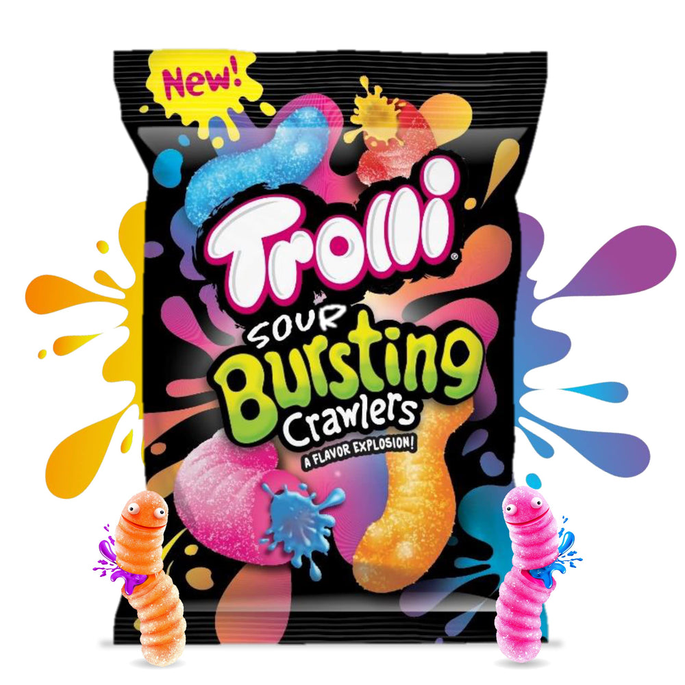Trolli Sour Bursting Crawlers bag front with colorful worms, ideal for party sharing.