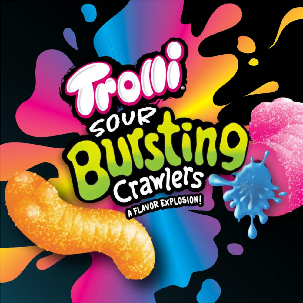 Four flavor combos highlighted on Trolli Sour Bursting Crawlers packaging.