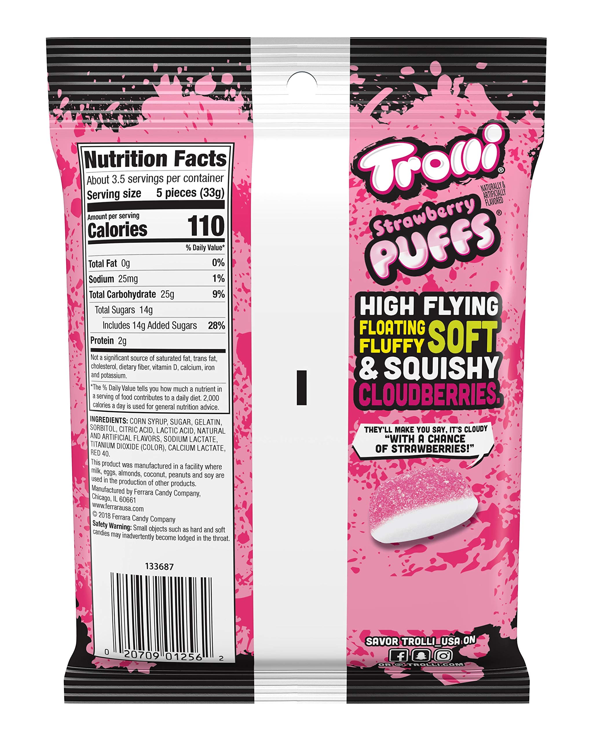 Trolli Strawberry Puffs close-up texture, showing soft fluffy gummies.