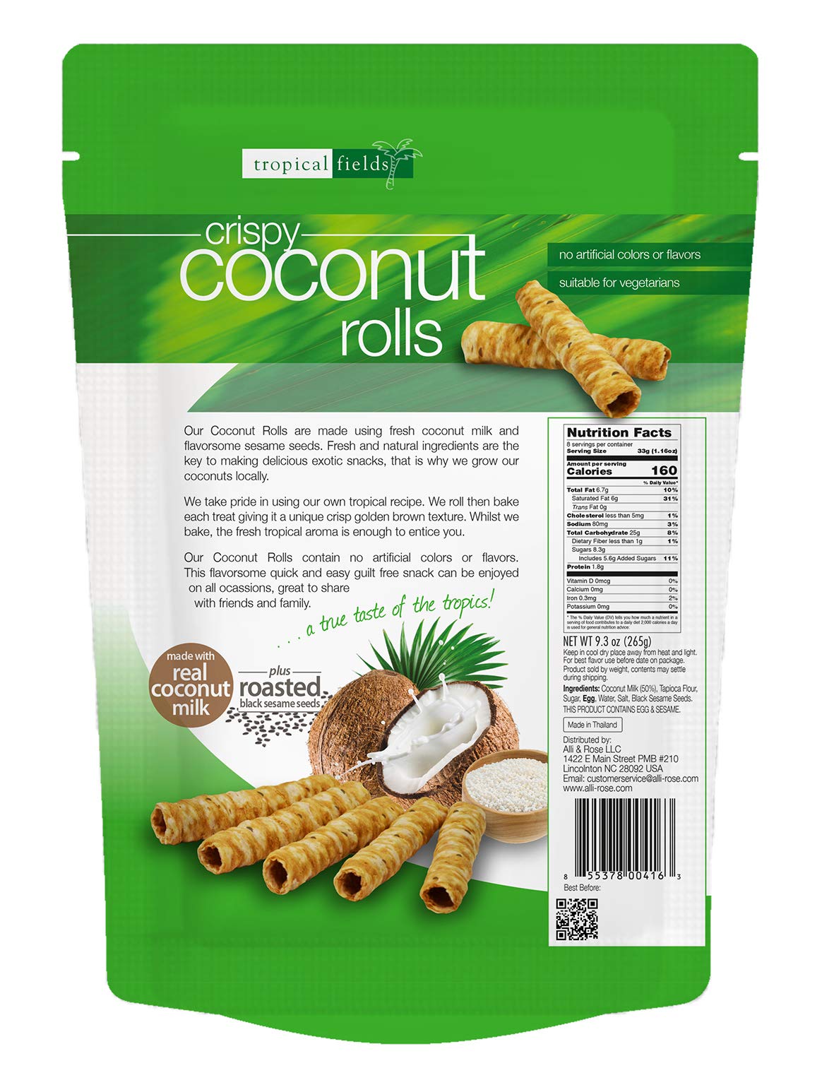 Close-up of Tropical Fields Crispy Coconut Rolls on plate for a dairy-free snack.