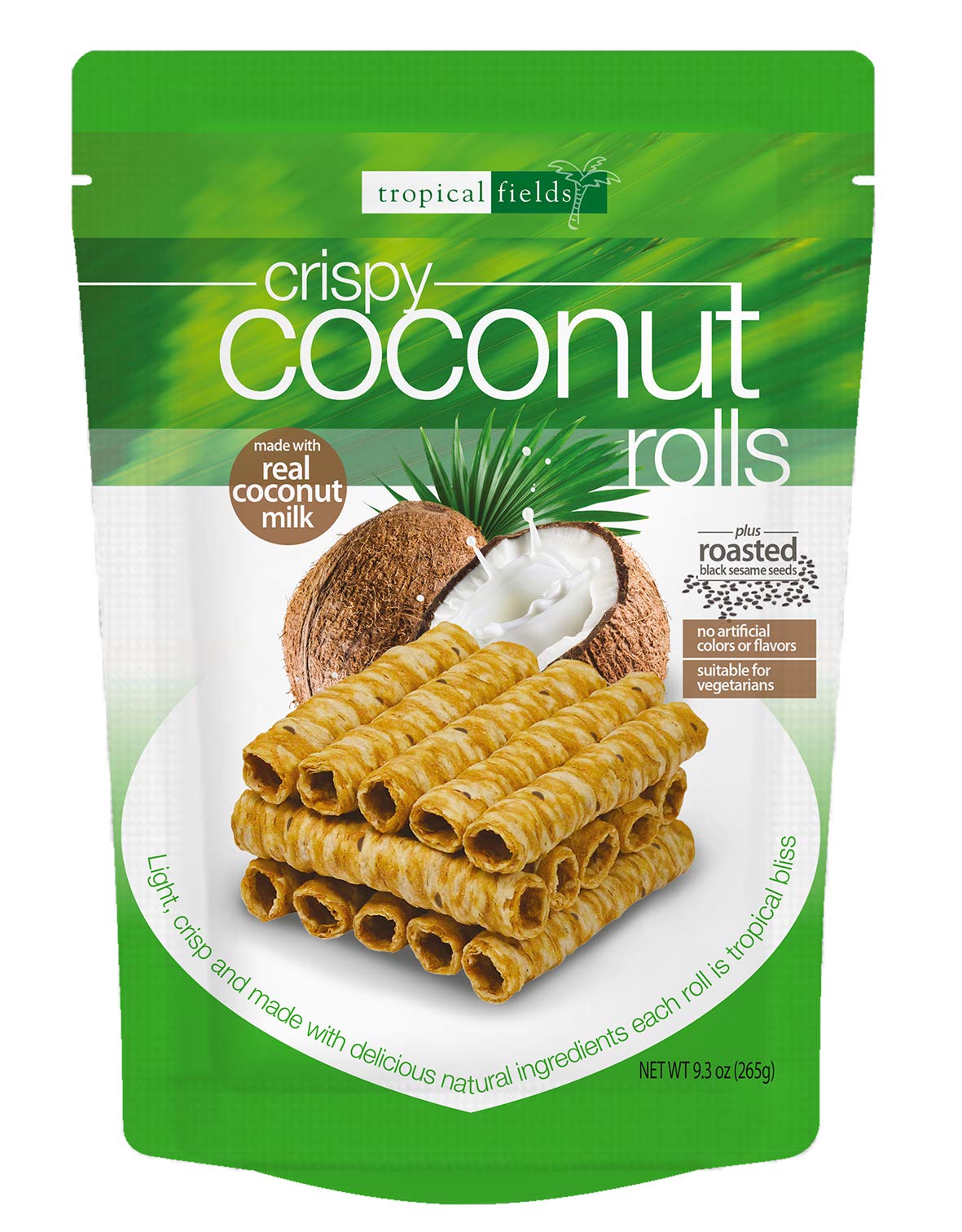 Tropical Fields Crispy Coconut Rolls two-pack box on kitchen shelf, convenient snack for sharing.