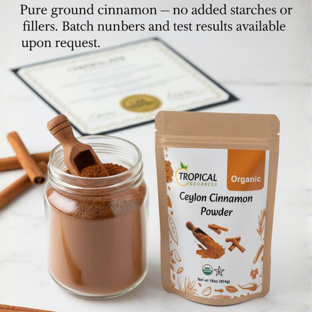 Tropical Goodness Ceylon Cinnamon label shows organic and kosher certifications