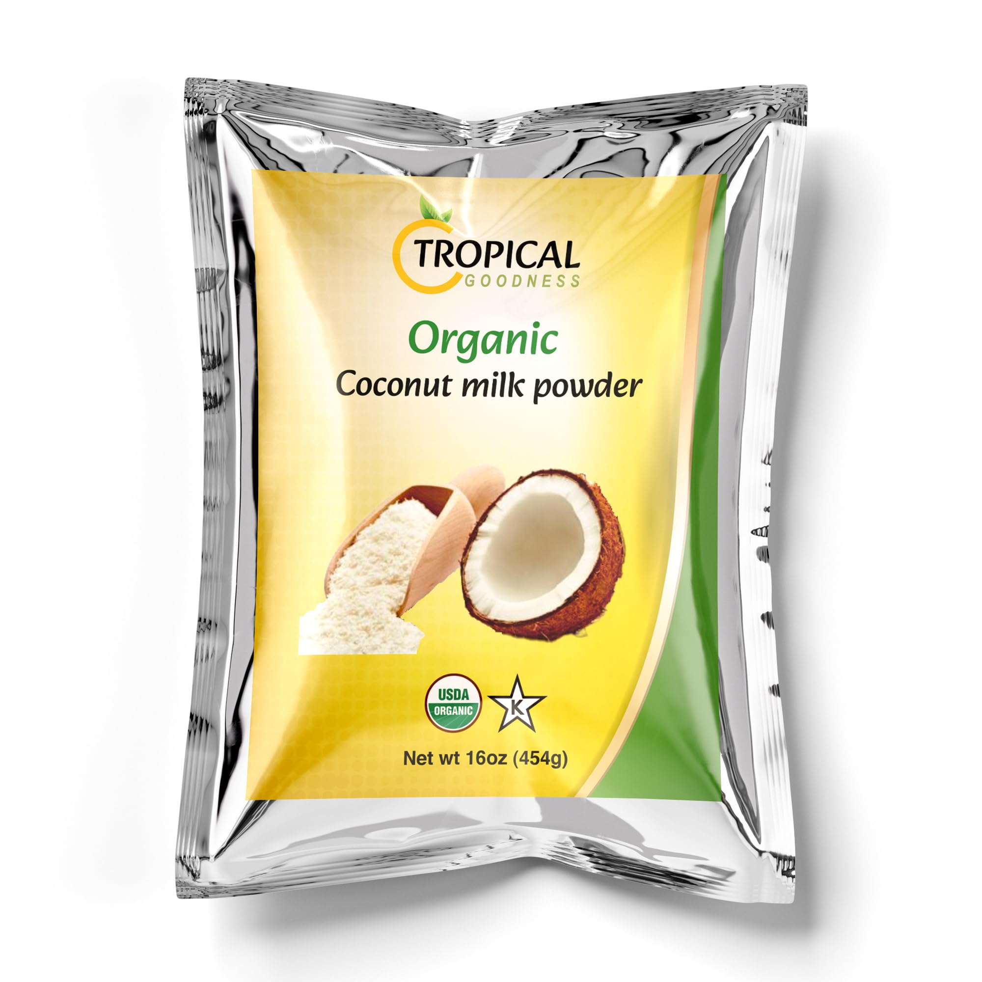 Tropical Goodness coconut milk powder jar front showing rich tropical flavor.