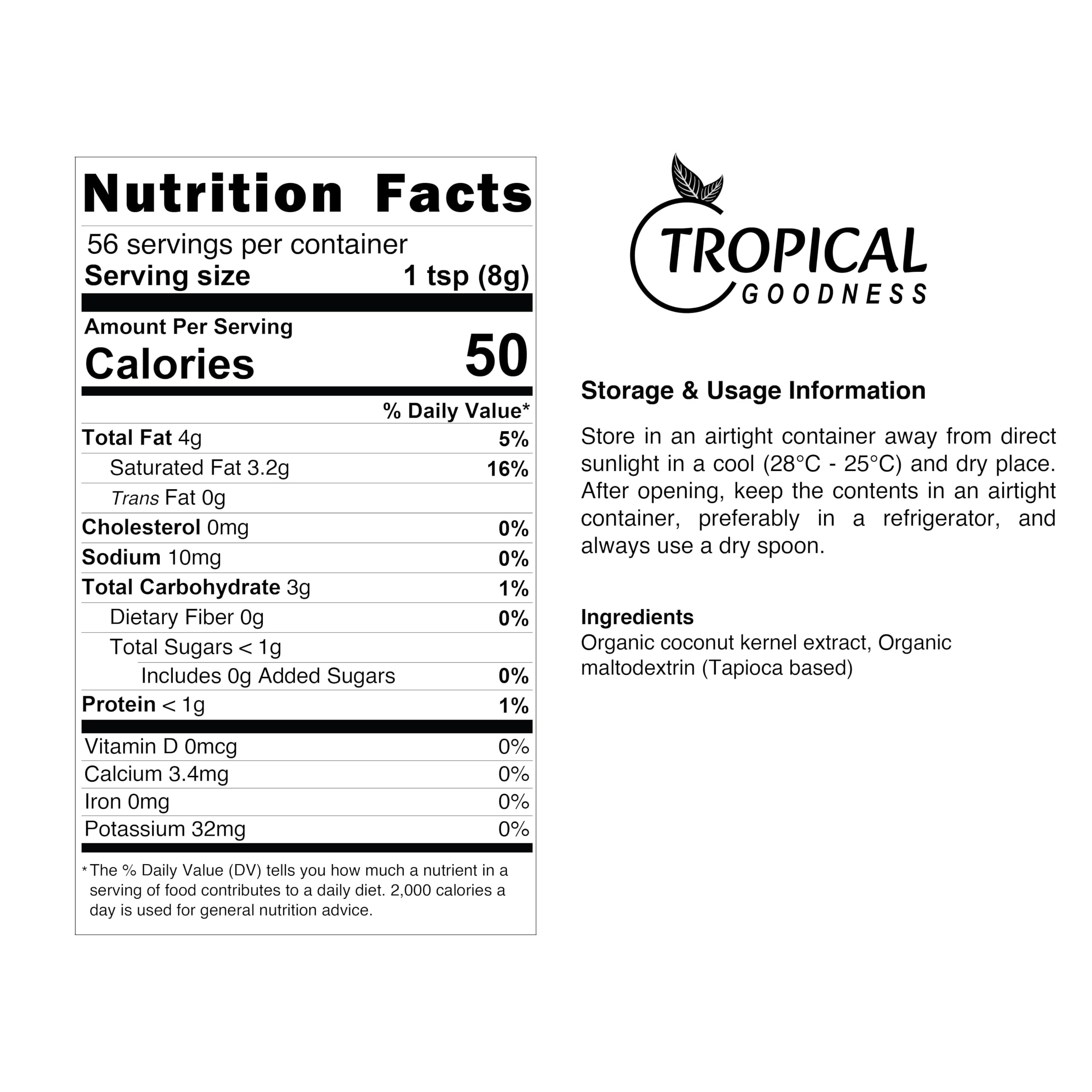 Dairy-free Tropical Goodness powder with scoop for coffee creamer use.