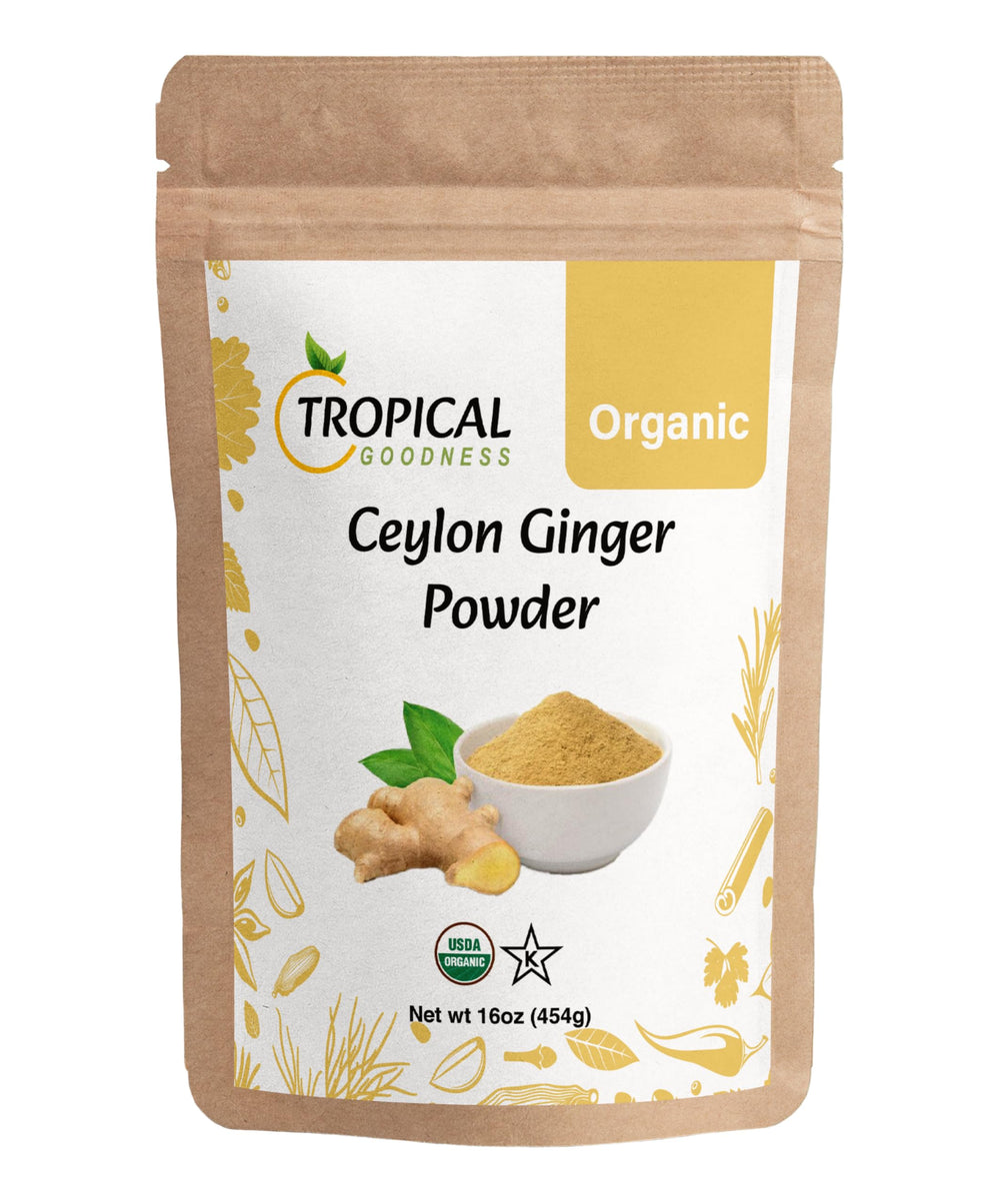 Tropical Goodness Organic Ginger Powder packaging highlights premium organic spice quality