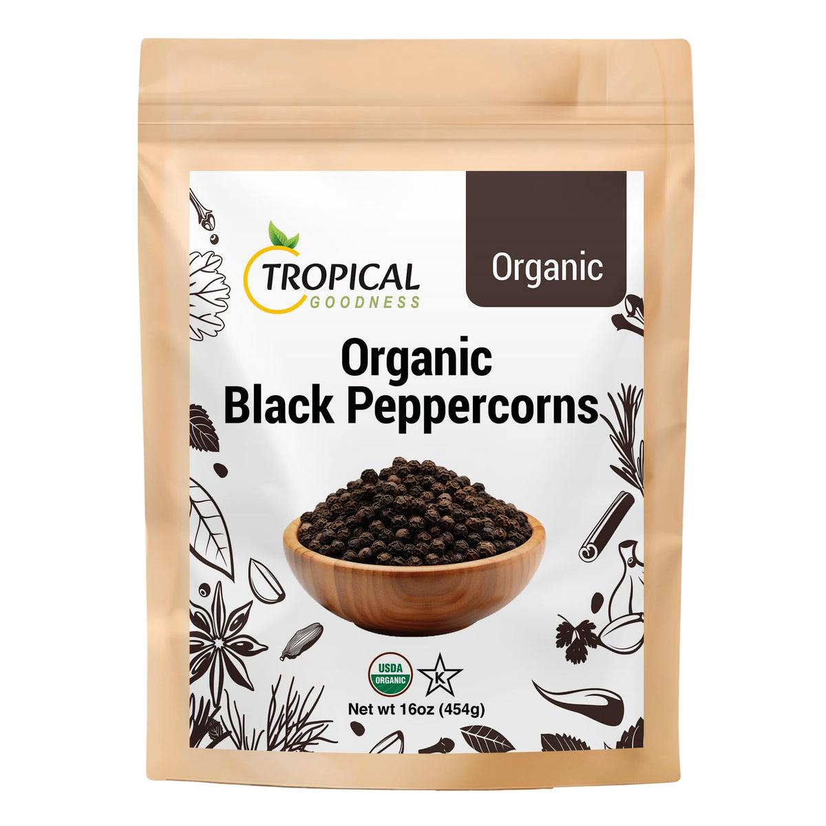 Tropical Goodness Organic Black Peppercorns bottle enhances meals with bold aroma.