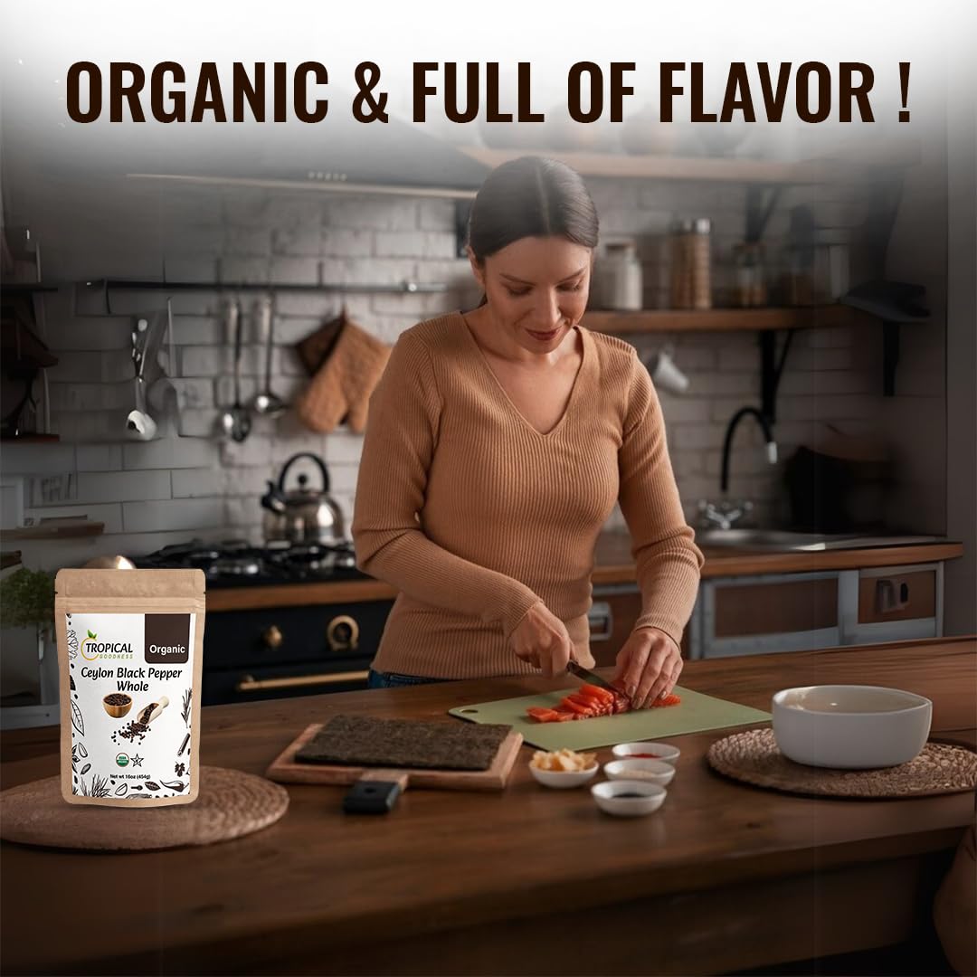 Tropical Goodness Organic Black Peppercorns pour-ready whole peppercorns for quick seasoning.