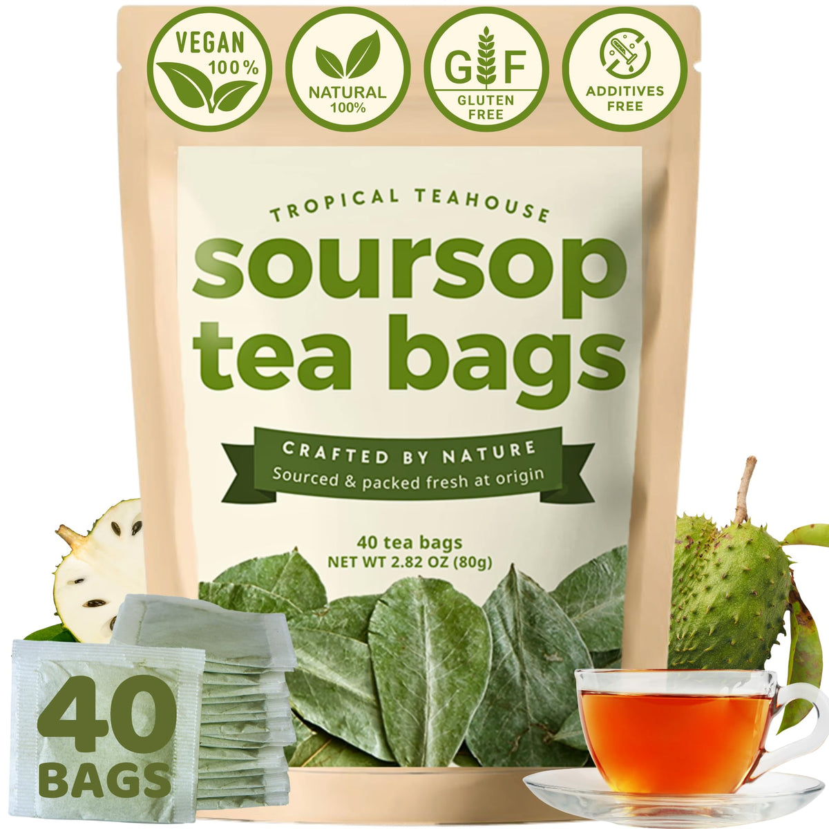 Tropical Teahouse soursop tea bags in a pack, pure and caffeine-free.