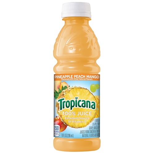 Tropicana 100% juice bottle close-up with natural flavors.