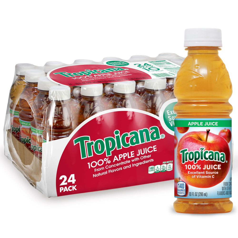 Tropicana Apple Juice 10oz bottle front view highlighting convenient single-serve packaging for families