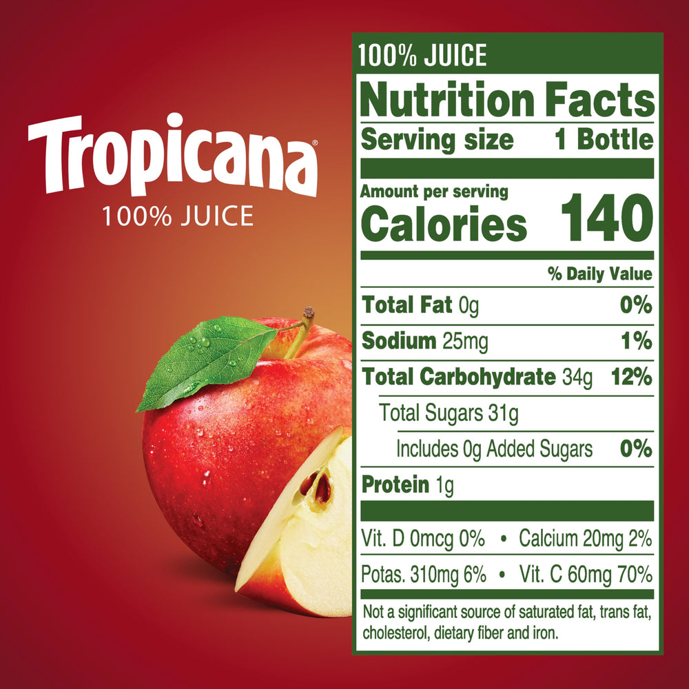 Tropicana Apple Juice 10oz bottle label close-up emphasizing 100% juice and vitamin C