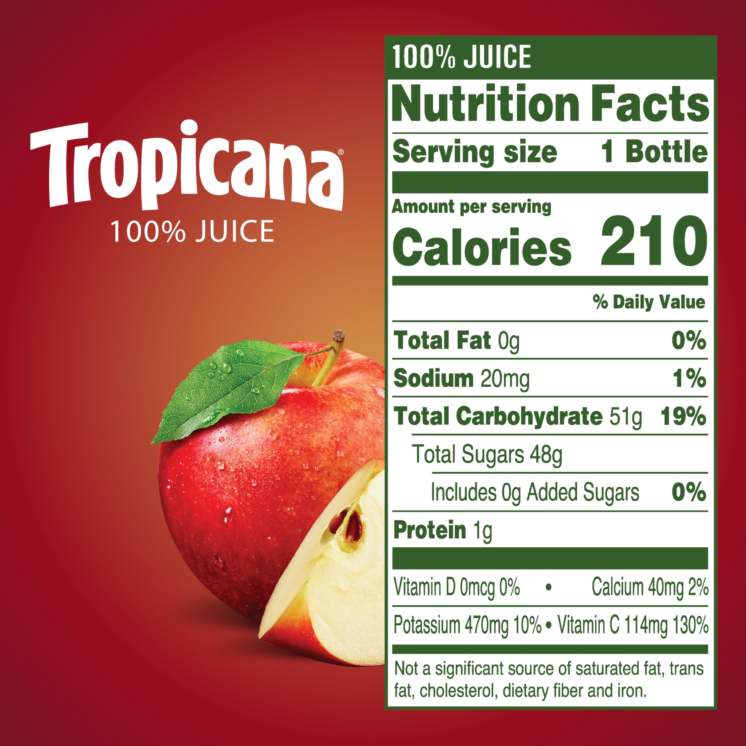 Tropicana Apple Juice bottle closeup showing crisp flavor and 100% juice.