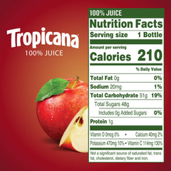 Tropicana Apple Juice bottle closeup showing crisp flavor and 100% juice.