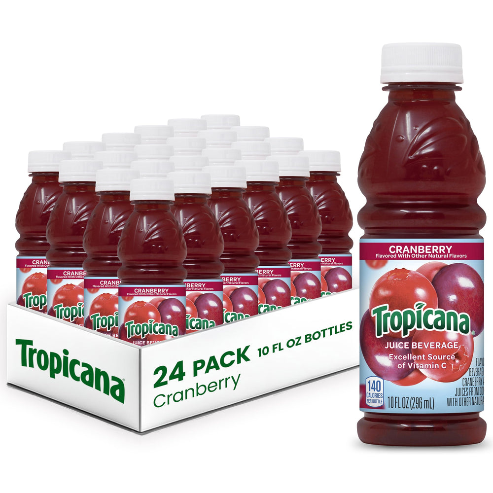 Tropicana Cranberry Cocktail Juice 10oz bottle, on-the-go refreshment with vitamin C.