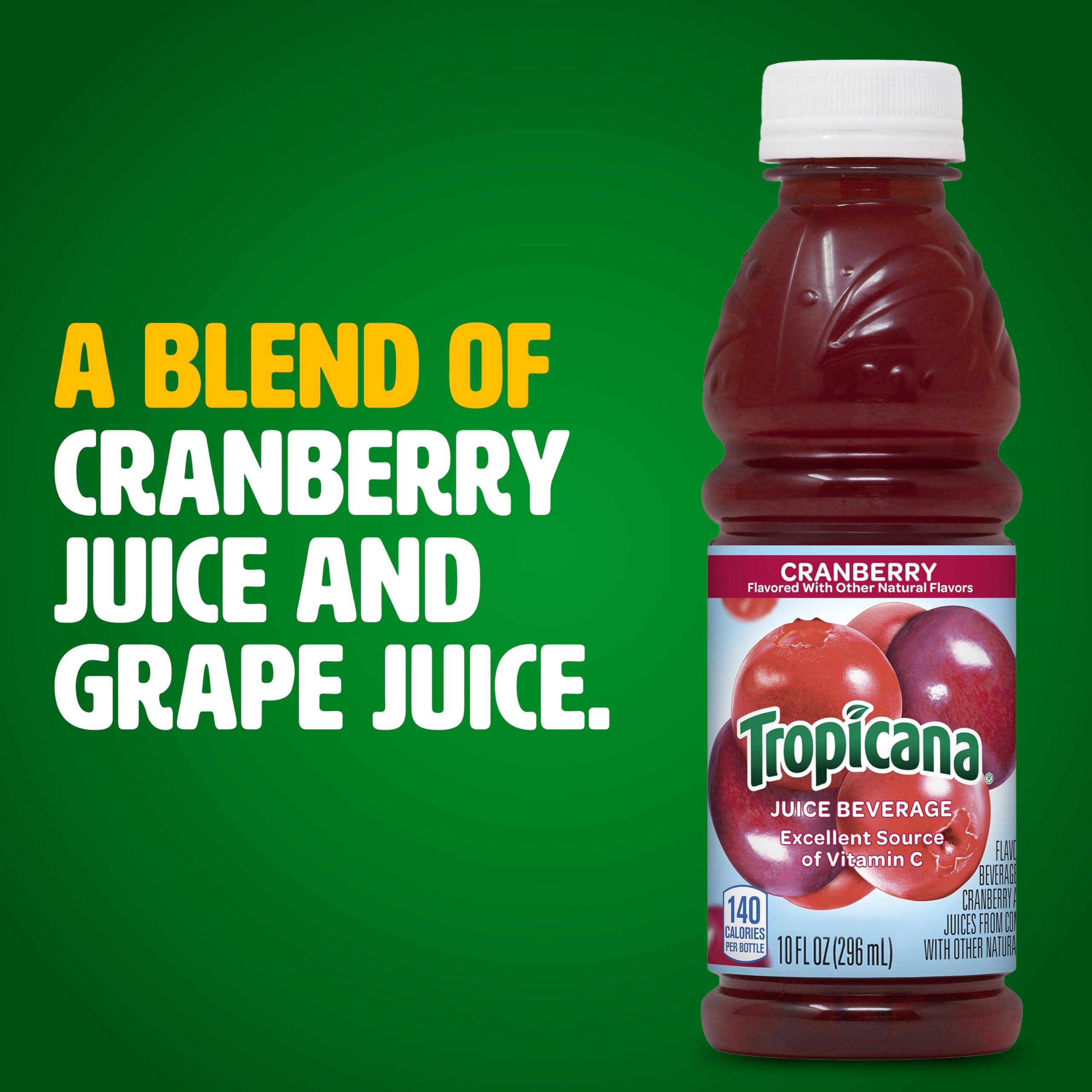 Tropicana Cranberry Cocktail Juice bottle being poured, highlighting tart and sweet flavor.