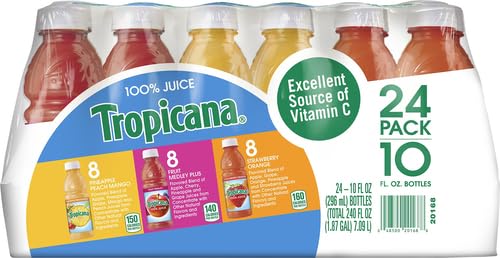 Tropicana Fruit Medley 10oz bottle pour into glass