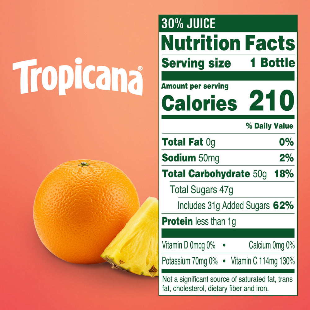 Tropicana Pineapple Orange Juice Drink cold glass serve, perfect for quick hydration.