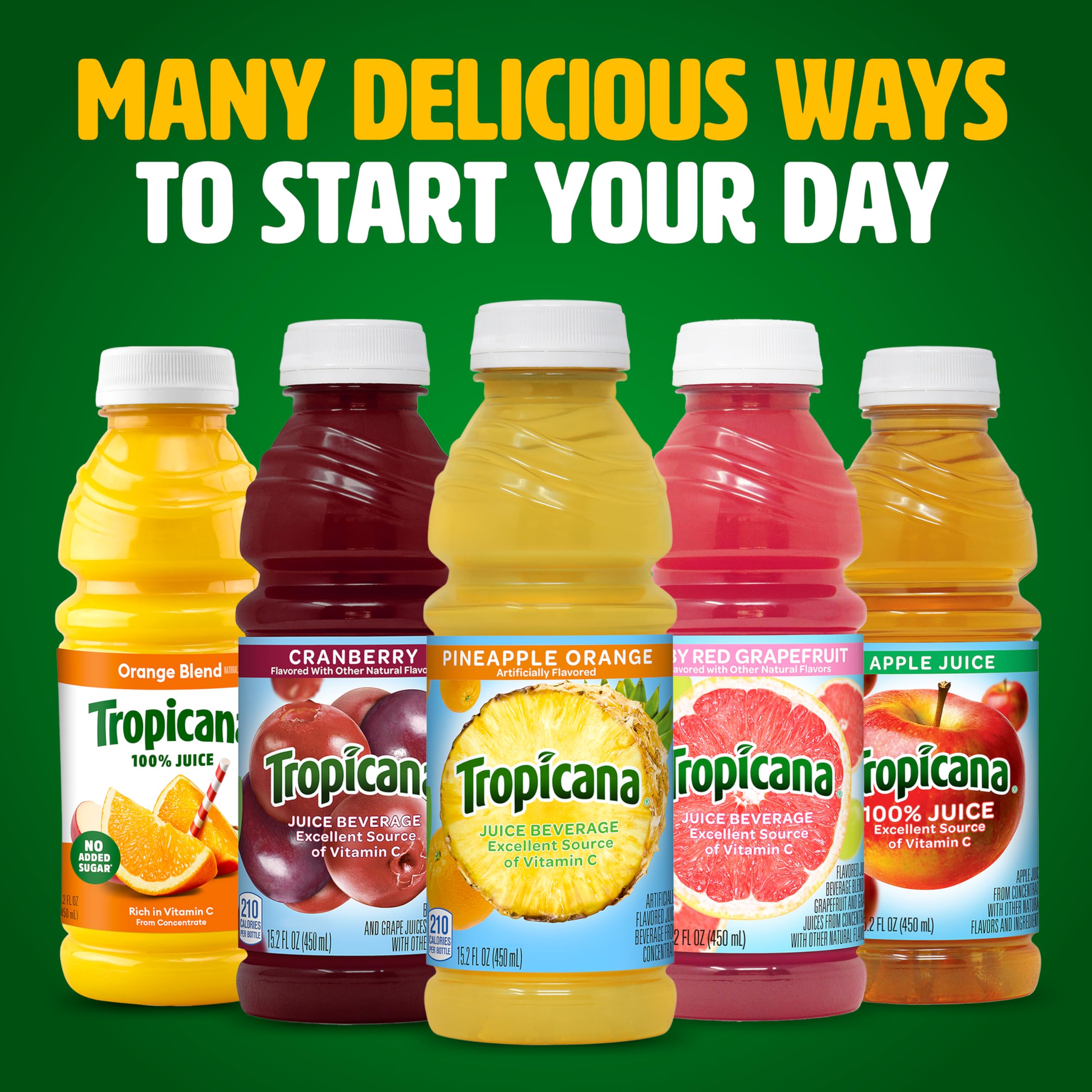Tropicana Pineapple Orange Juice Drink nutrition label, highlights vitamin C content.