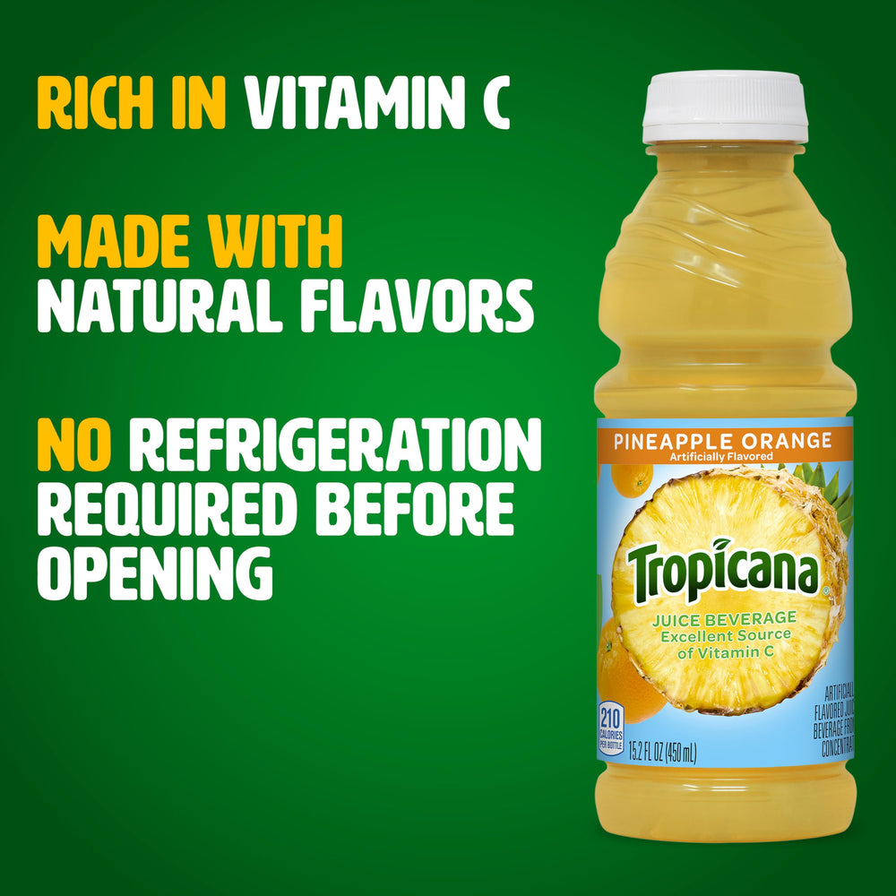 Tropicana Pineapple Orange Juice Drink tropical splash, evokes sunny summer memories.