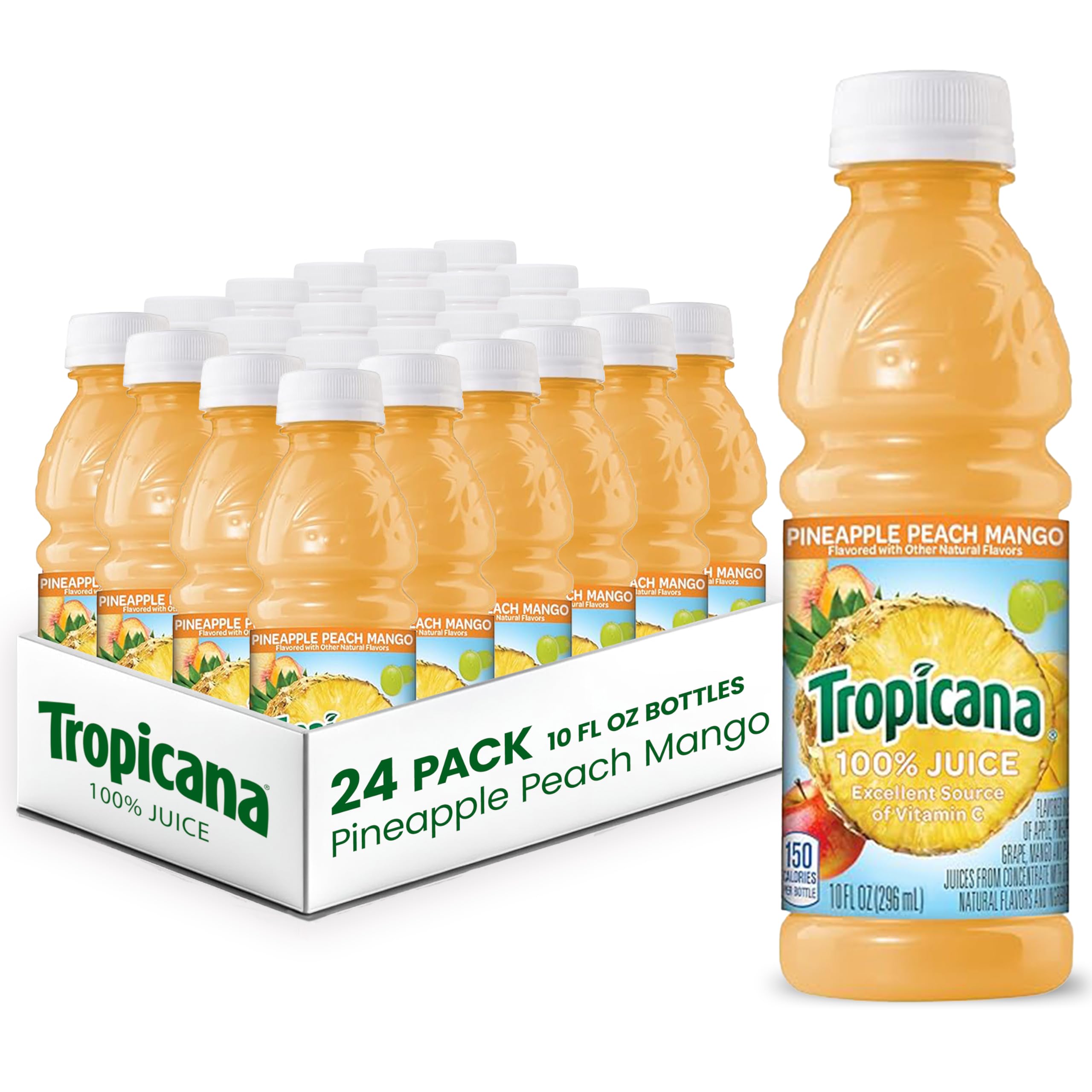 Tropicana pineapple-peach-mango juice bottle ready for on-the-go refreshment.