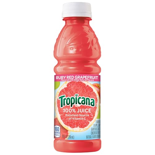 Tropicana Ruby Red Grapefruit Juice 10oz bottle on table, lunchbox ready