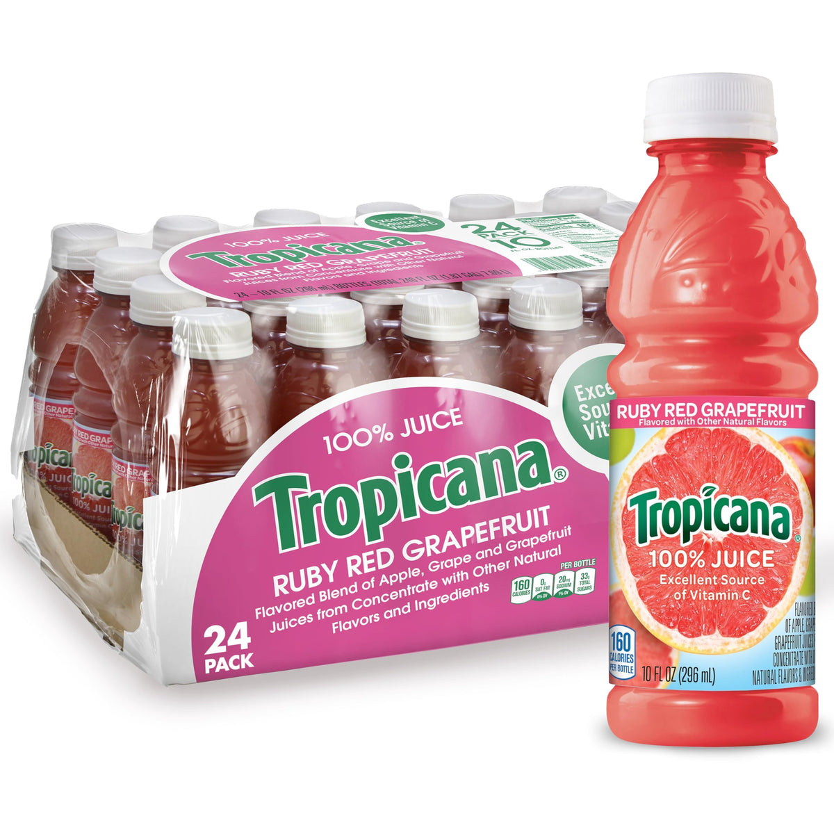 Tropicana Ruby Red Grapefruit Juice 24-pack front view for on-the-go hydration