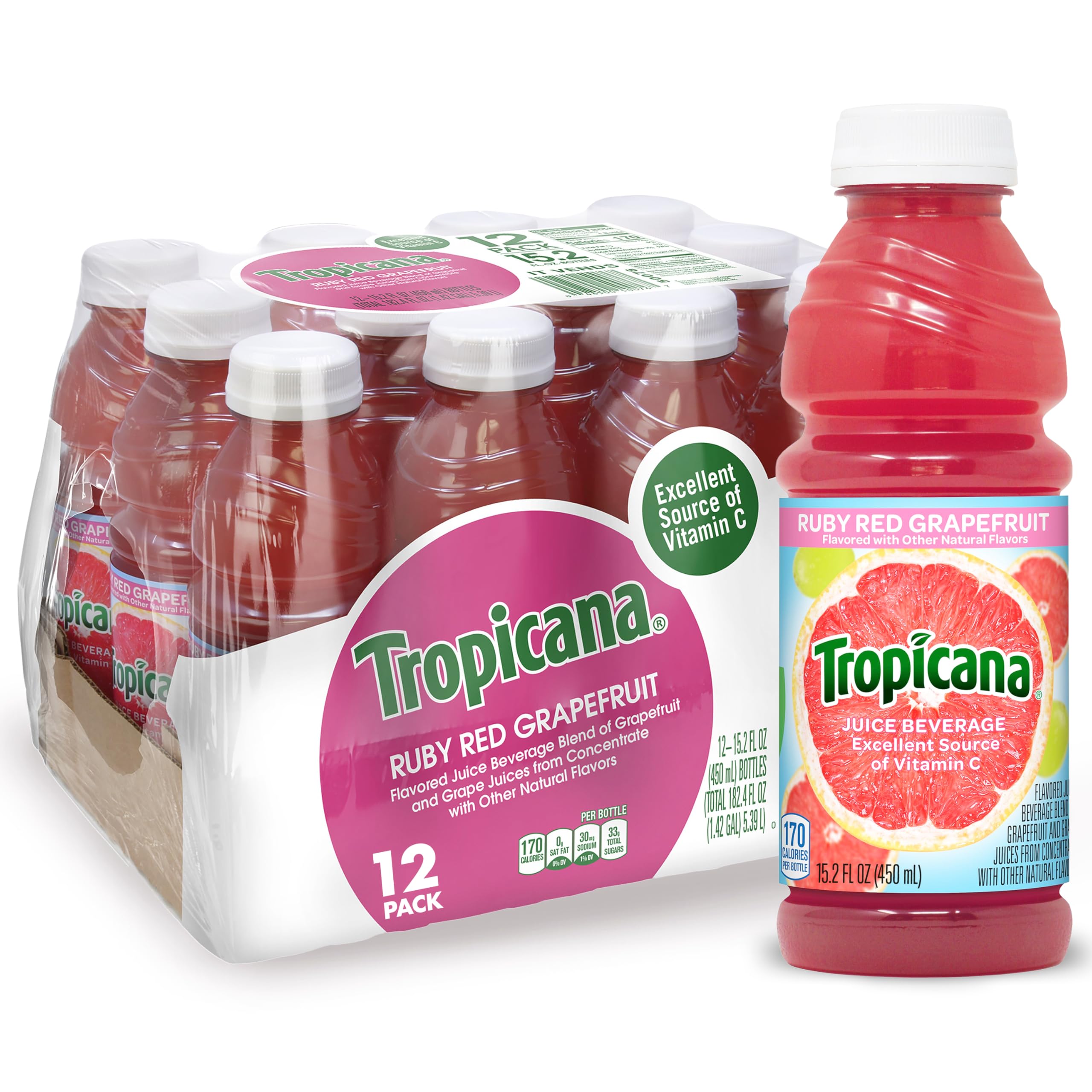 Tropicana Ruby Red grapefruit juice bottle front shows vibrant color and vitamin C