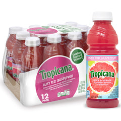 Tropicana Ruby Red grapefruit juice bottle front shows vibrant color and vitamin C