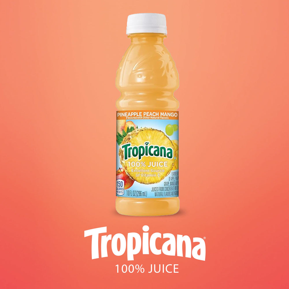 Tropicana single-serve bottle beside a breakfast setup.