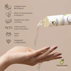 Tropicana Virgin Coconut Oil pour, ideal for sautéing with a light nutty aroma.