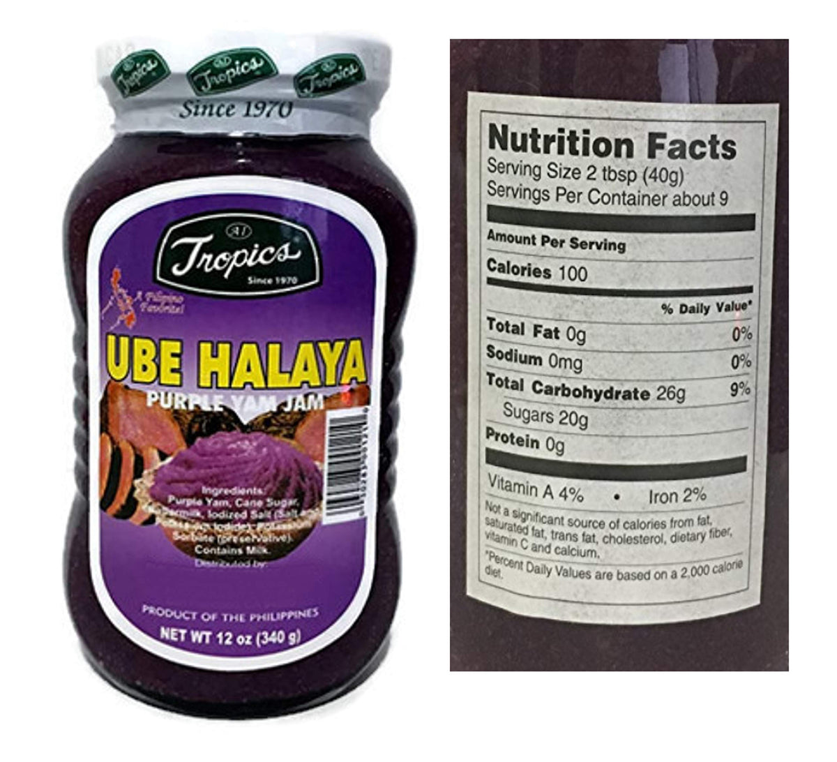 Tropics Ube Halaya jar close-up, creamy purple yam jam ideal for toast and desserts.