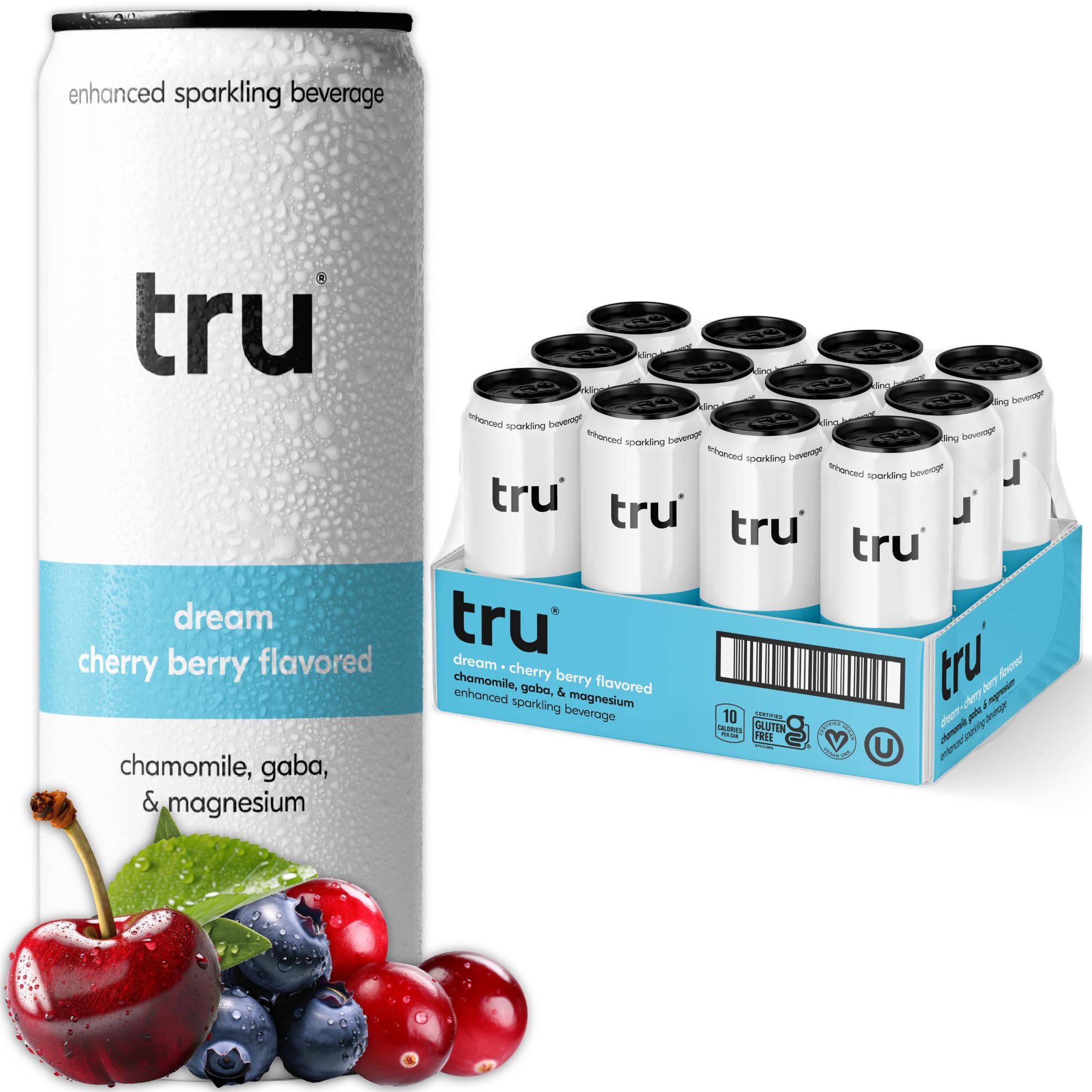 Tru Dream Seltzer bottle shows cherry berry flavor for an evening moment