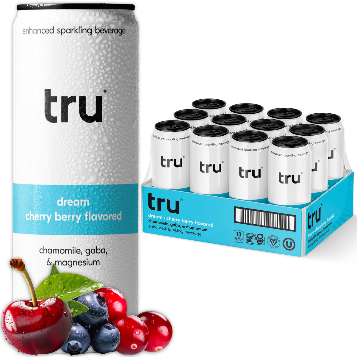 Tru Dream Seltzer bottle shows cherry berry flavor for an evening moment