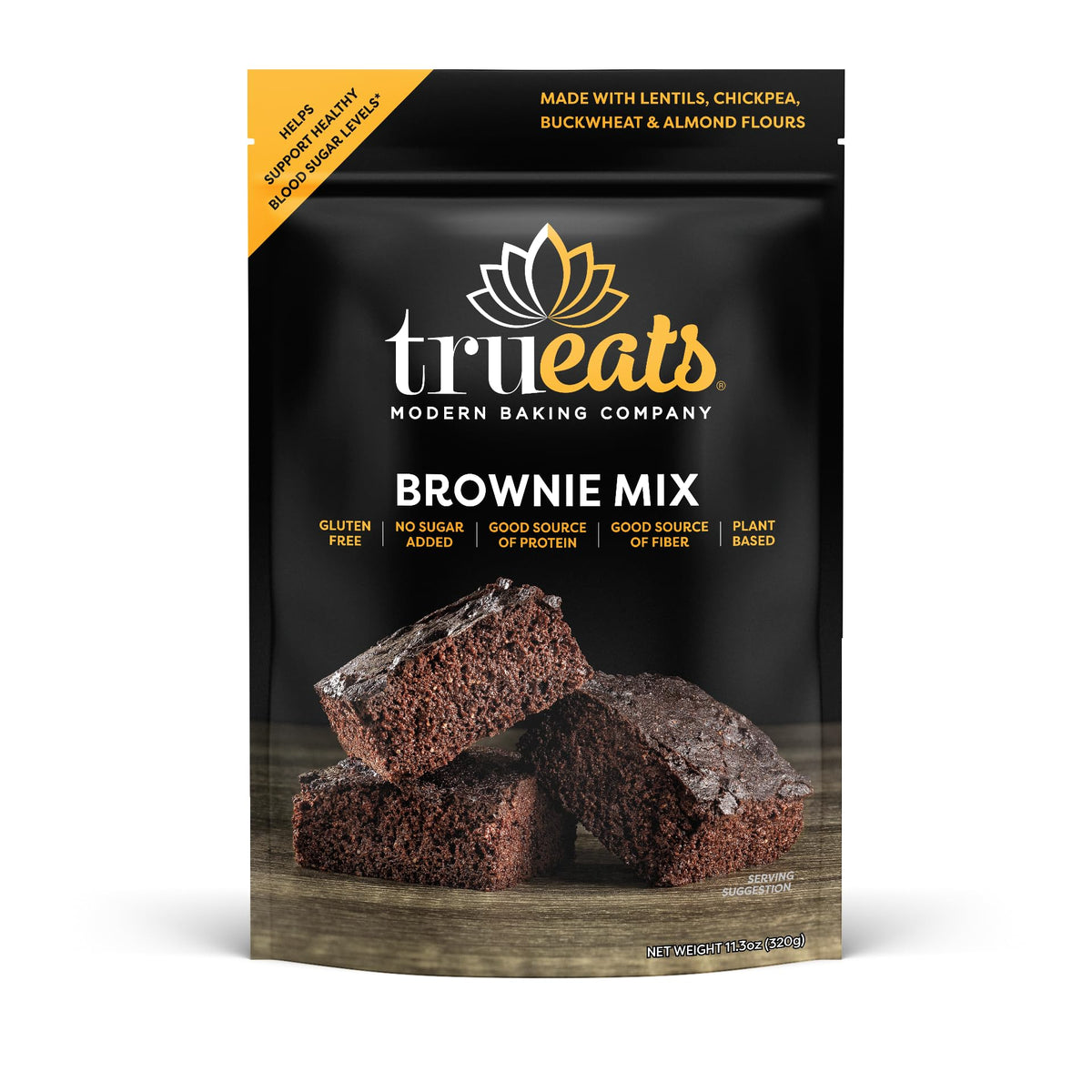 TruEats Brownie Mix packaging front highlights gluten-free and dairy-free ingredients.