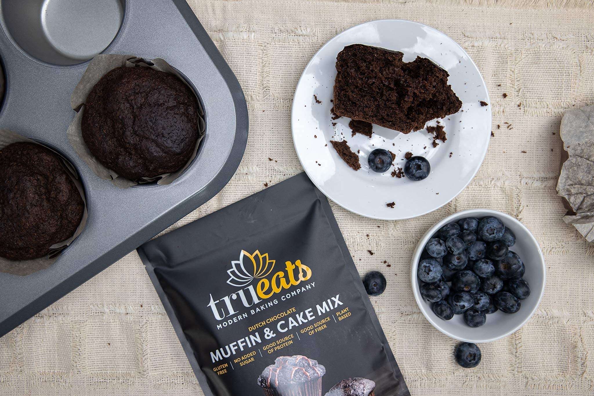 TruEats Dutch Chocolate Muffin Mix nutrition label and clean ingredients.