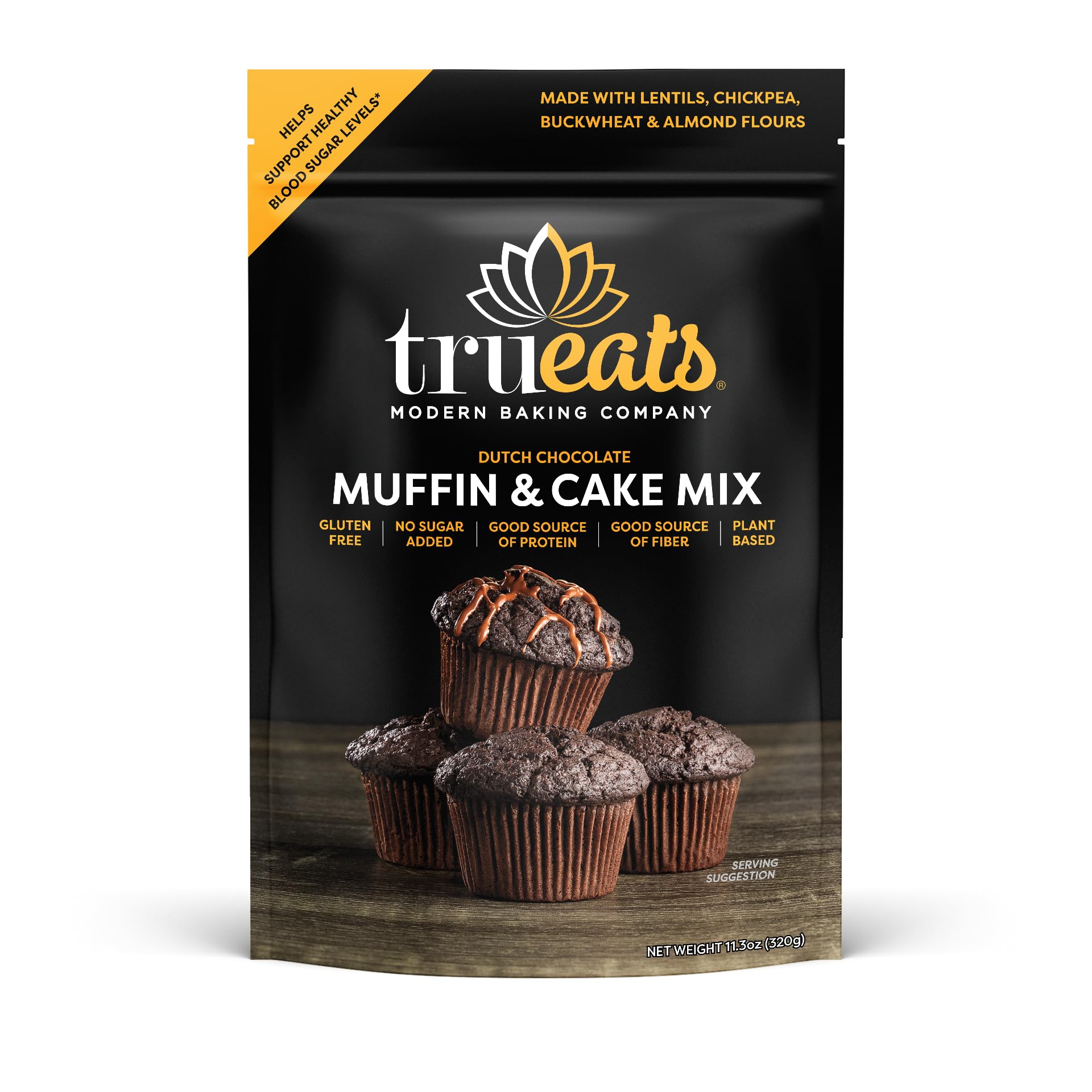 TruEats Dutch Chocolate Muffin Mix package highlights gluten-free, plant-based ingredients.